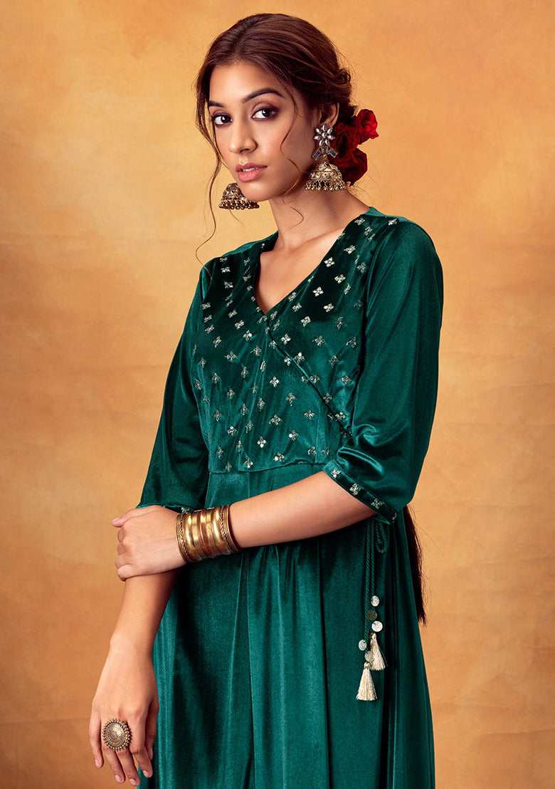 Green Velvet Side Tie Velvet Angrakha Kurta