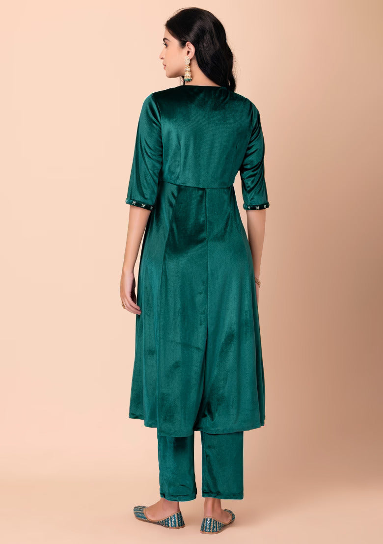 Green Velvet Side Tie Velvet Angrakha Kurta