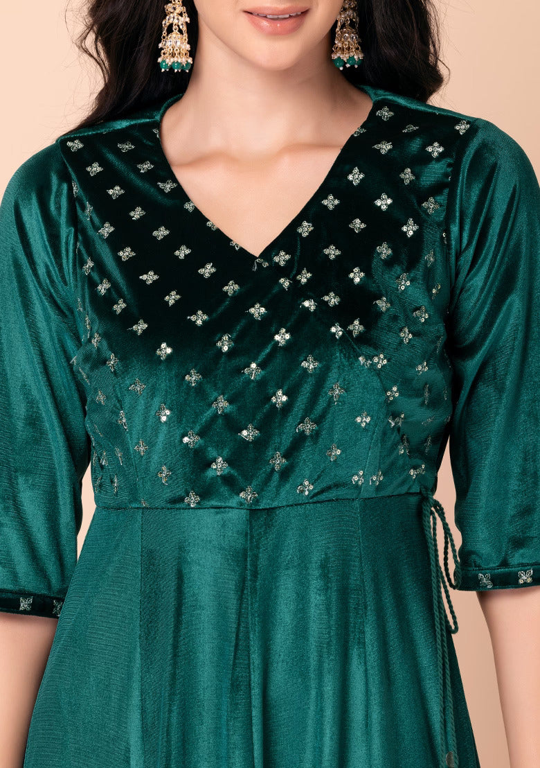 Green Velvet Side Tie Velvet Angrakha Kurta