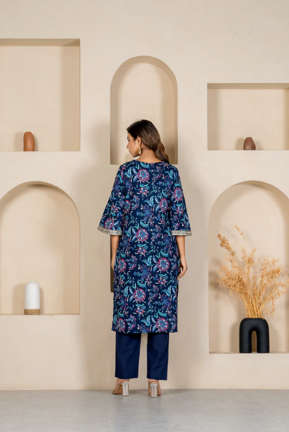 Navy Floral Embroidered Kurta & Pant Set