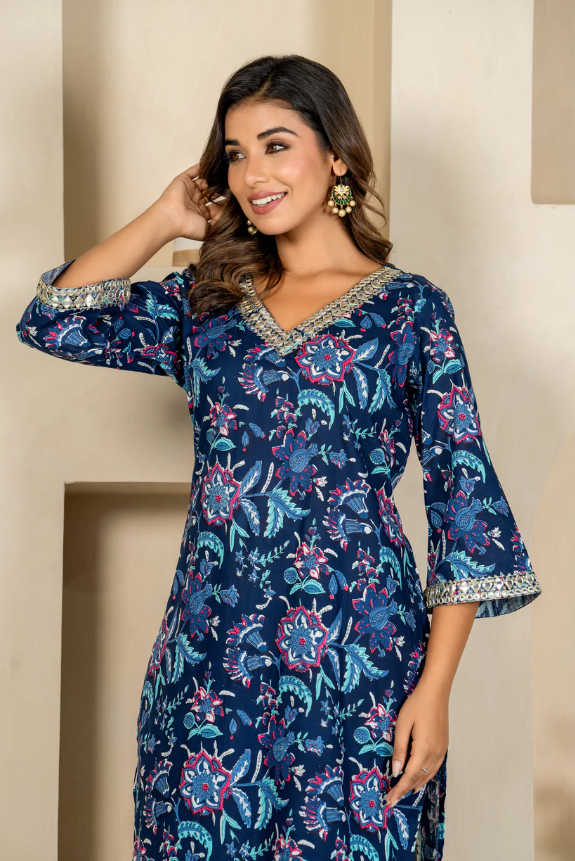 Navy Floral Embroidered Kurta & Pant Set