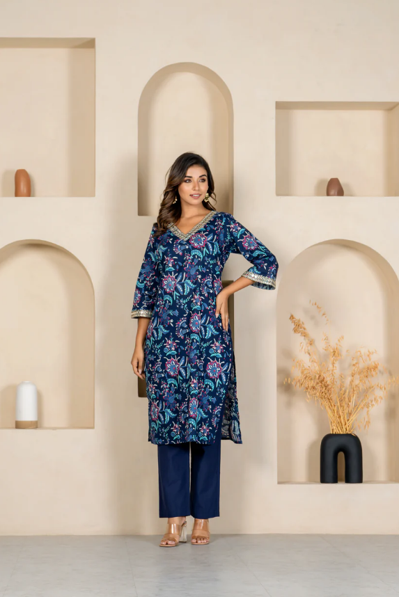 Navy Floral Embroidered Kurta & Pant Set