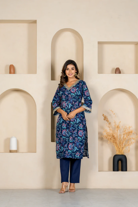 Navy Floral Embroidered Kurta & Pant Set