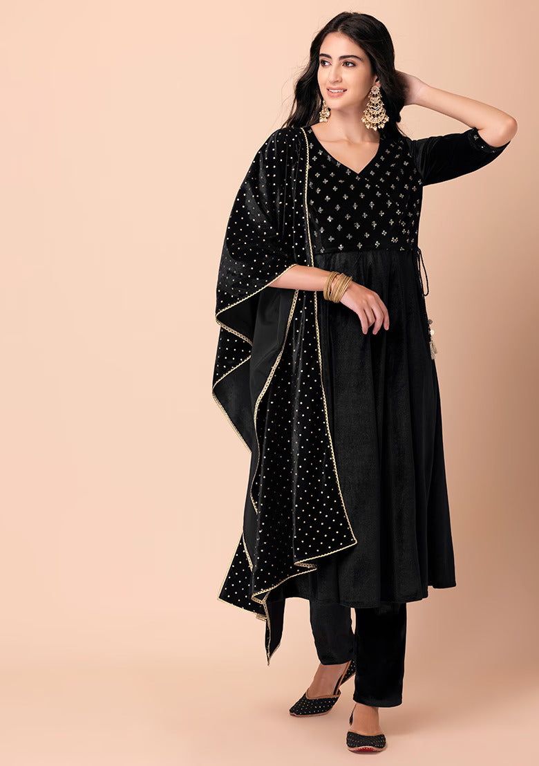 Black Velvet Angrakha Kurta