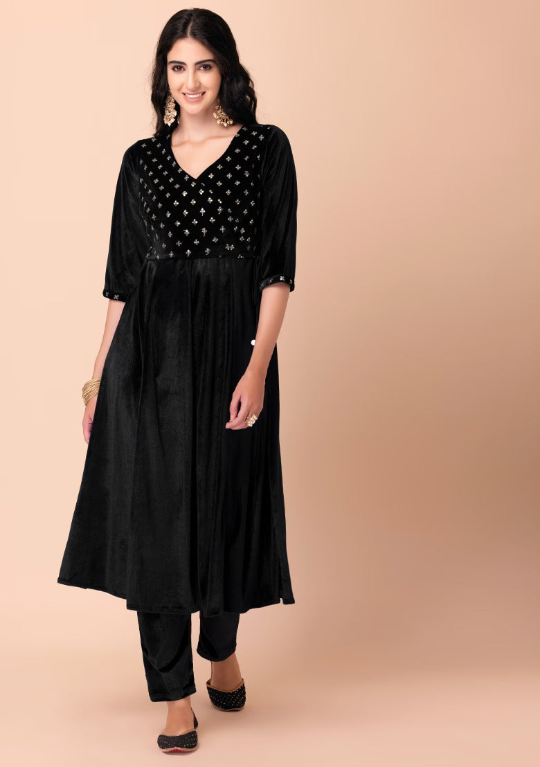 Black Velvet Angrakha Kurta