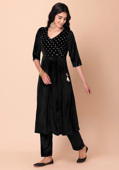 Black Velvet Angrakha Kurta