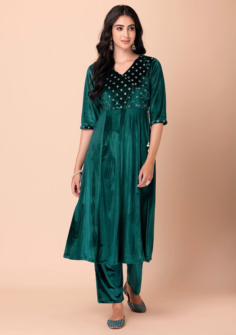 Green Velvet Side Tie Velvet Angrakha Kurta