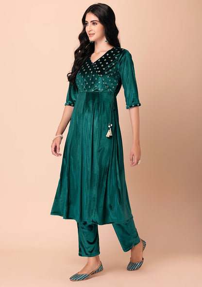 Green Velvet Side Tie Velvet Angrakha Kurta