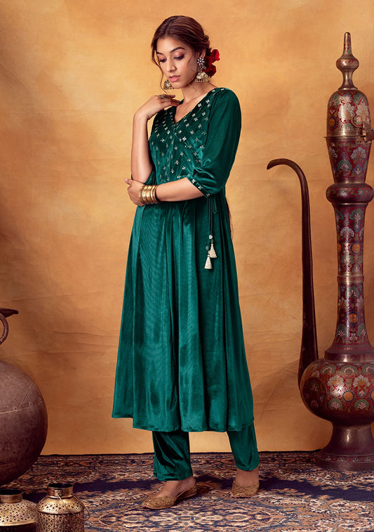 Green Velvet Side Tie Velvet Angrakha Kurta