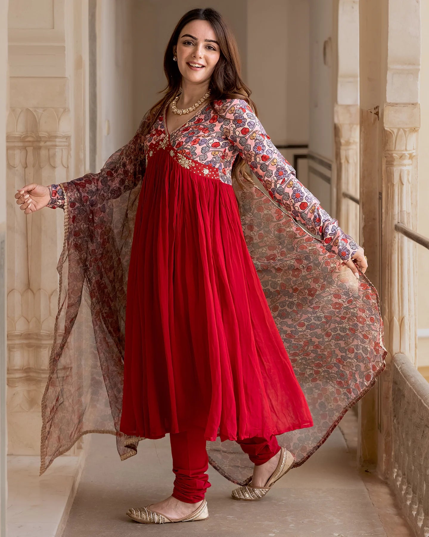 Elegant Red Floral Anarkali Suit Set