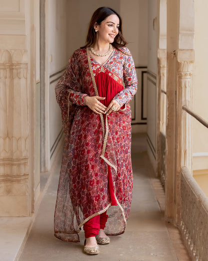 Elegant Red Floral Anarkali Suit Set