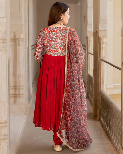 Elegant Red Floral Anarkali Suit Set