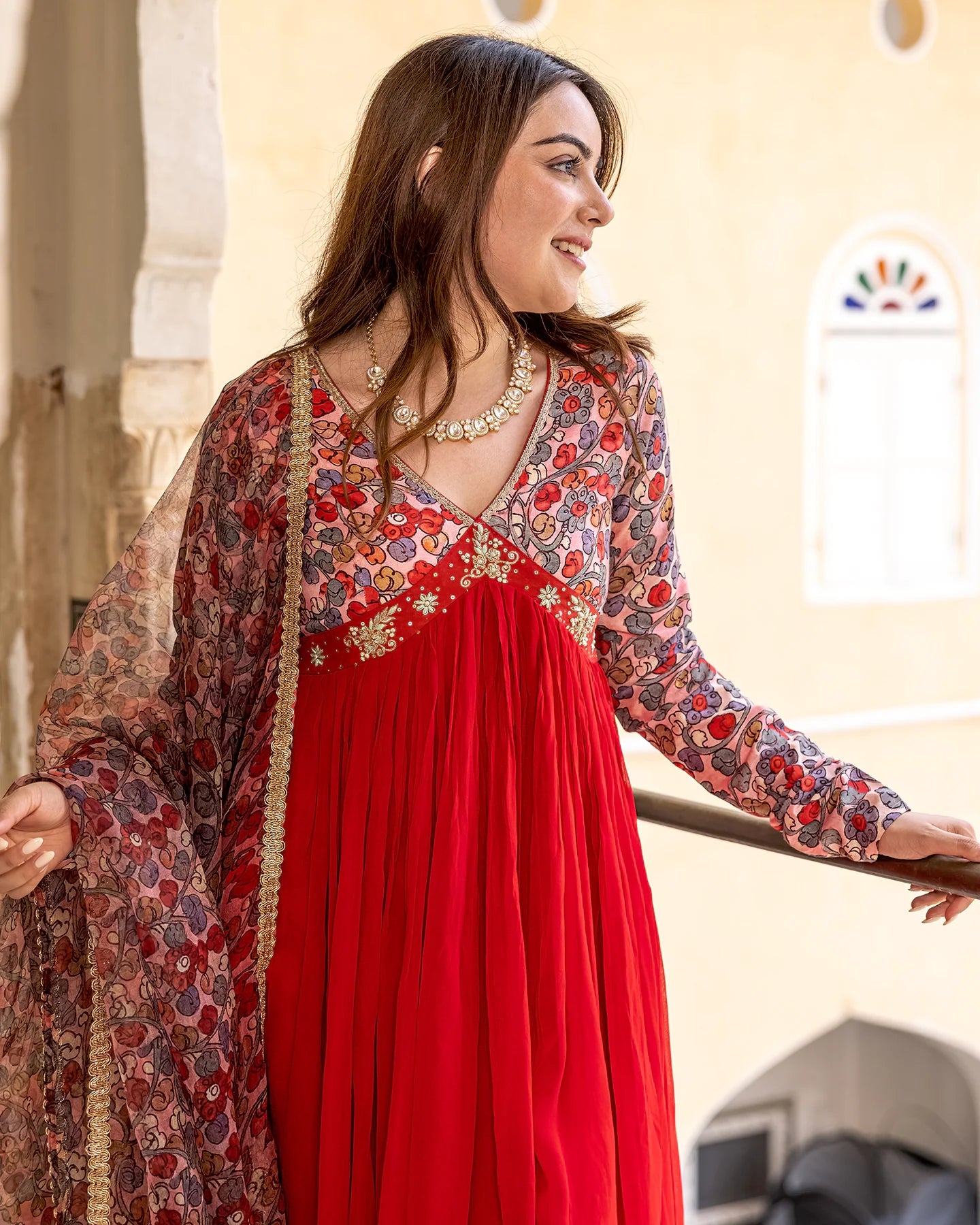 Elegant Red Floral Anarkali Suit Set