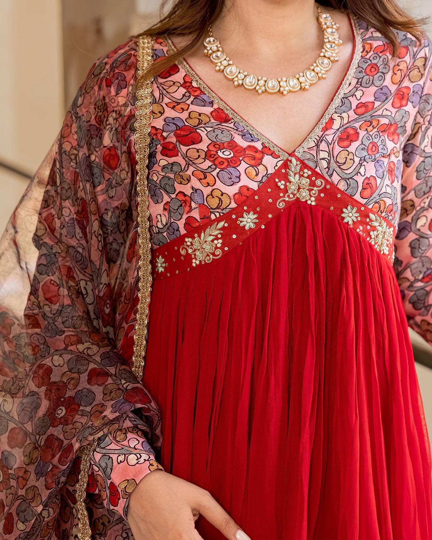 Elegant Red Floral Anarkali Suit Set