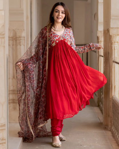 Elegant Red Floral Anarkali Suit Set