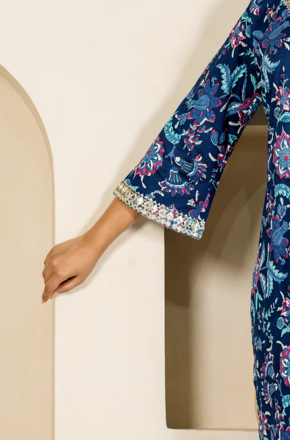 Navy Floral Embroidered Kurta & Pant Set