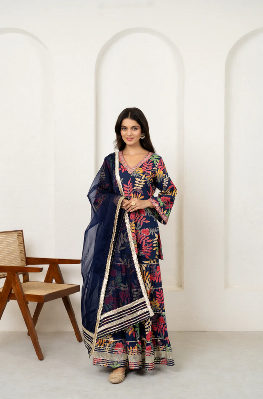 Navy Blue Orchid Floral & Mirror Work Kurta and Sharara Set