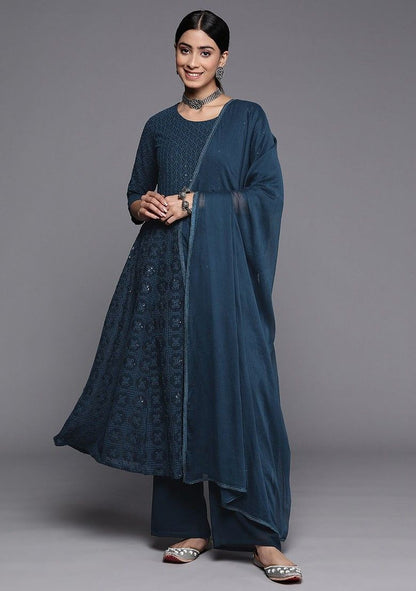 Teal Embroidered Chikankari Kurta With Palazzos And Dupatta