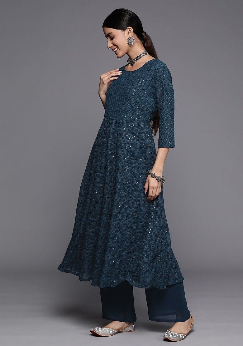 Teal Embroidered Chikankari Kurta With Palazzos And Dupatta