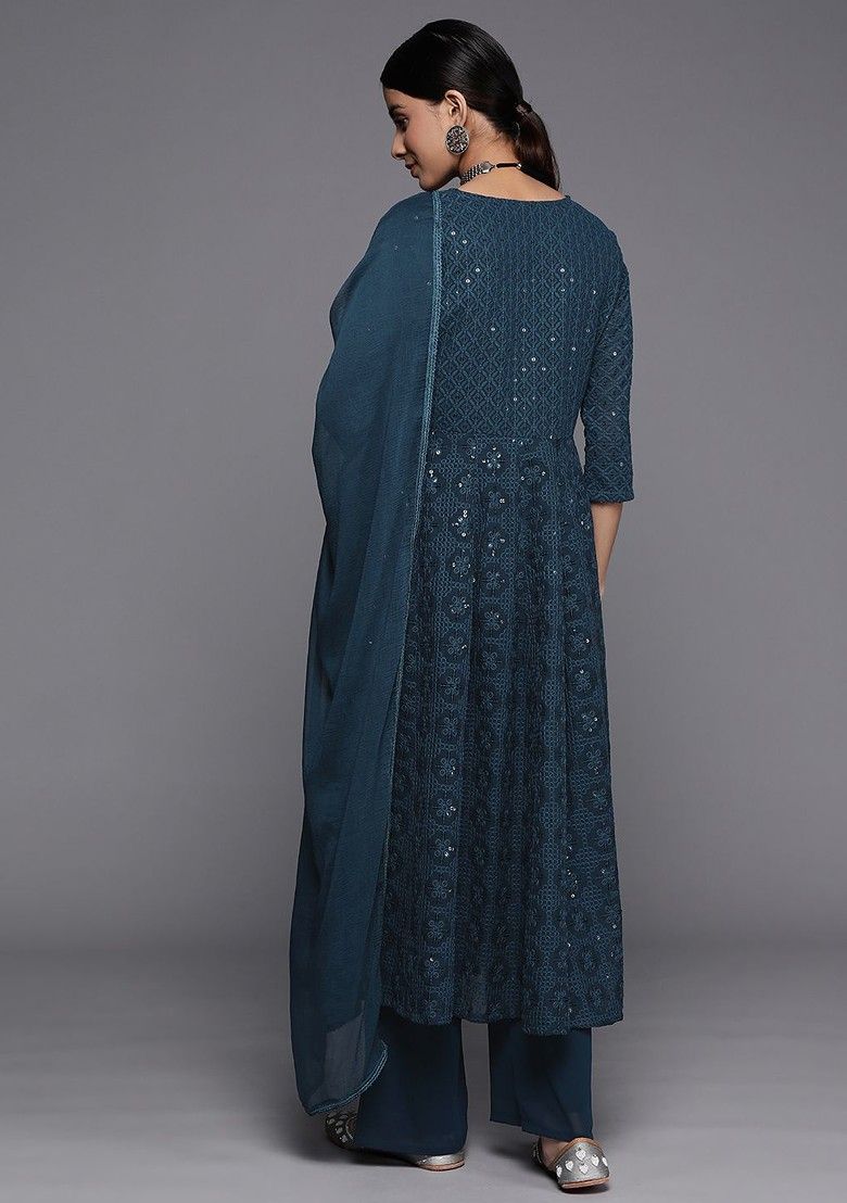 Teal Embroidered Chikankari Kurta With Palazzos And Dupatta